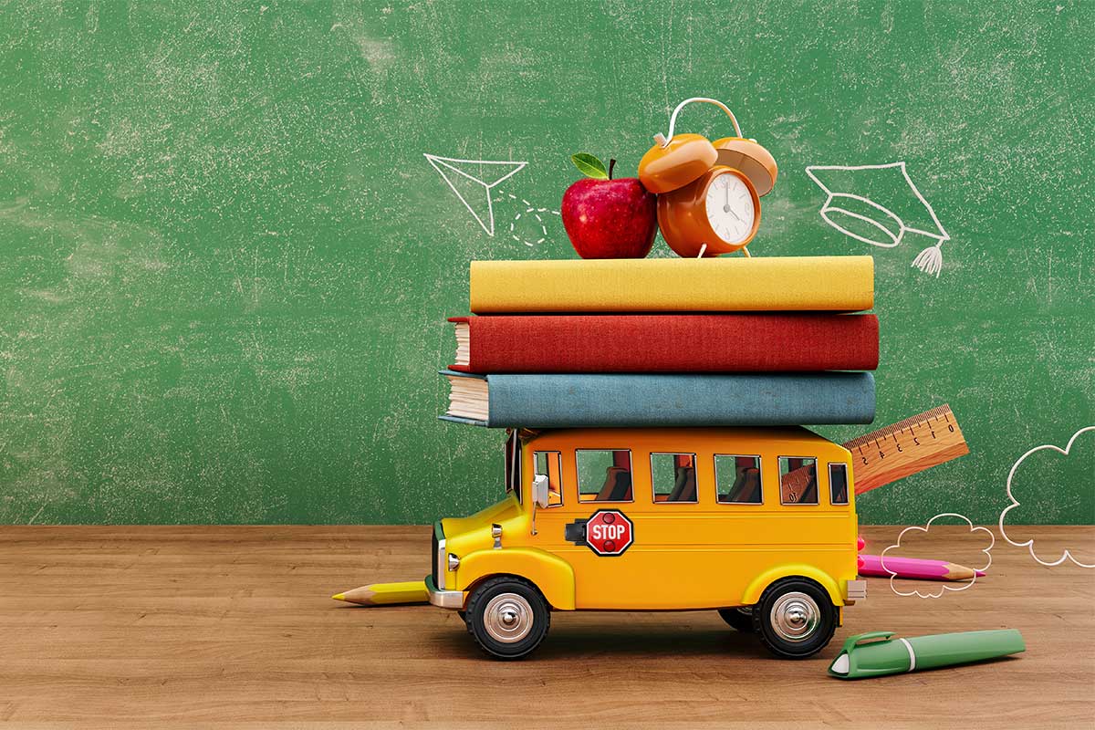 school bus and books